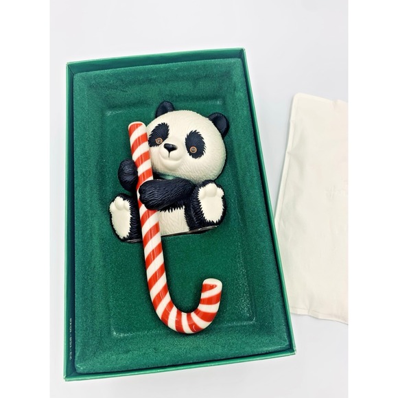 VTG 1980s Hallmark Panda Bear Candy Cane Christmas Stocking Hanger Holder In Box - Picture 3 of 9